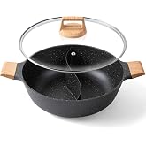 MyLifeUnit 5QT Hot Pot with Divider, Nonstick Split Shabu Shabu Pot, Black | 12" Double-flavor Pot with Glass Lid, S-shaped Divider, Compatible with Gas/Induction/Ceramic/Halogen/Electric Stoves
