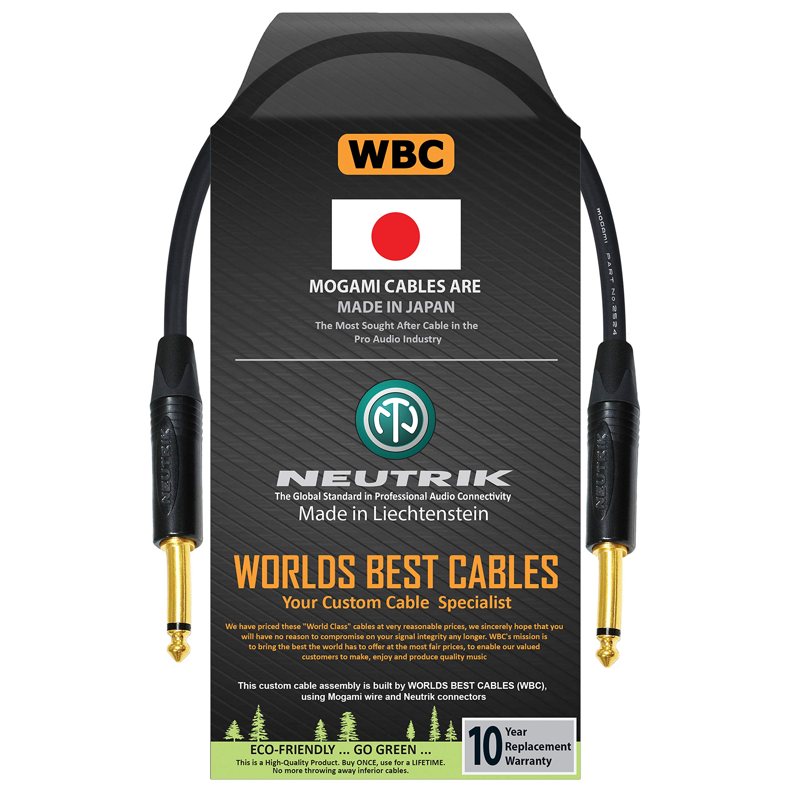 WORLDS BEST CABLES 50 CM - Guitar Bass Instrument Cable CUSTOM MADE using Mogami 2524 wire and Neutrik NP2X-B ¼ Inch (6.35mm) Straight Gold TS Connectors