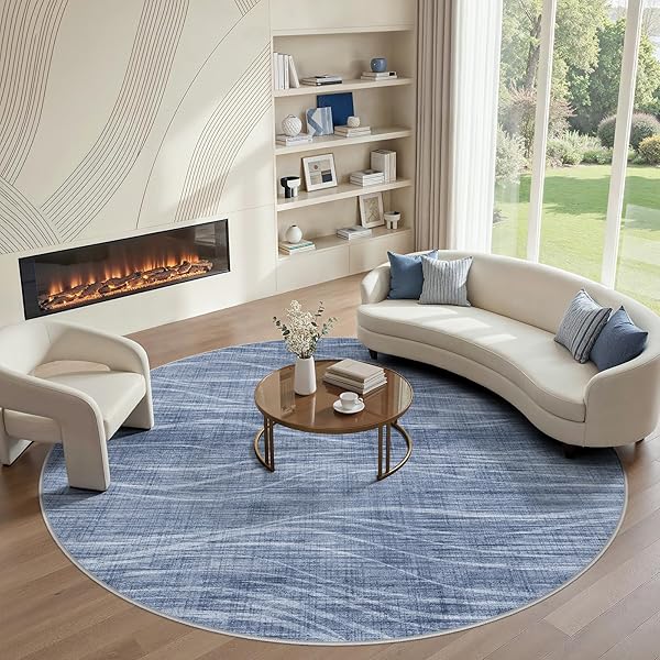 WITSHOCK 8FT ROUND RUGS FOR LIVING ROOM, MODERN STRIPED DESIGN AREA RUG, LARGE RUG FOR BEDROOM DINING ROOM OFFICE NURSERY, SOFT THIN NON-SLIP CARPETS FOR HOME DECOR, BLUE