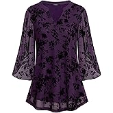VALOLIA Women's 3/4 Sleeve Floral Tunic Tops V Neck Double Layers Loose Fit Mesh Blouses Shirt