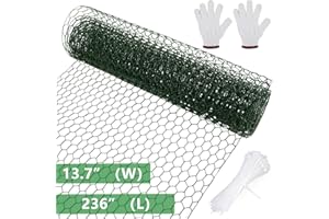 Aboofx Green Chicken Wire, 236 x 13.7 inch Chicken Wire Netting for Floral Arrangements, Chicken Wire Mesh, Hexagonal PVC Coated Galvanized Iron Wire for Garden, with 50 Zip Ties and 1 Pair of Glove
