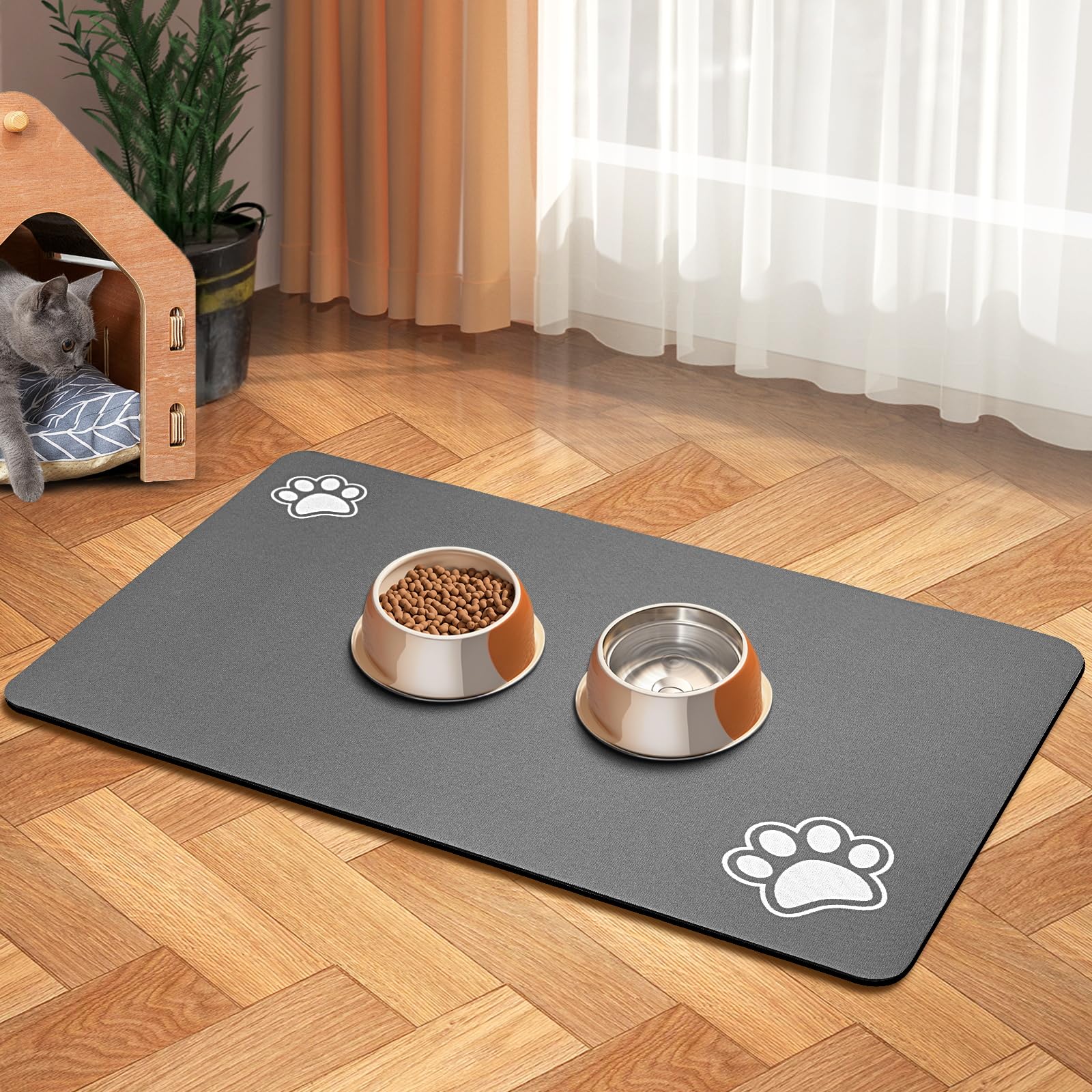 Photo 1 of Pet Feeding Mat-Absorbent Dog Mat for Food and Water Bowl-Accessories Pet Supplies-Bowl for Messy Drinkers-No Stains Quick Dry Dog Water Dispenser Mat (16"x24", Dark Grey)
