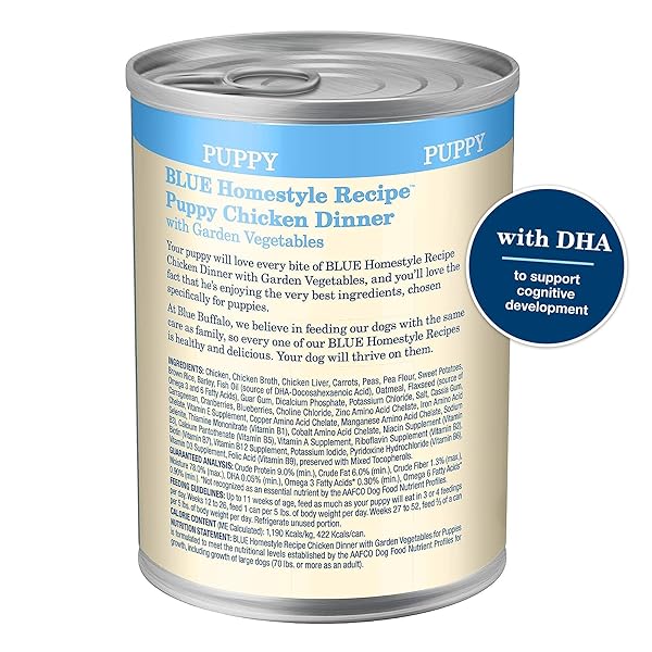 BLUE BUFFALO HOMESTYLE RECIPE PUPPY WET DOG FOOD, MADE WITH NATURAL INGREDIENTS, CHICKEN DINNER WITH GARDEN VEGETABLES & BROWN RICE, 12.5-OZ CANS (12 COUNT)