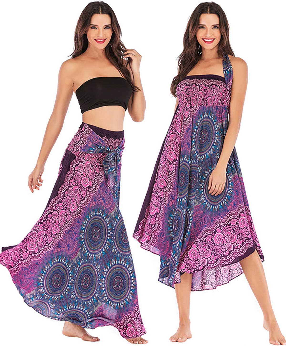 Women's Long Hippie Bohemian Skirt Gypsy Dress Bohemian 2 in 1 Printed Beach Dress Skirt Cover Up Female Bikini Wrap