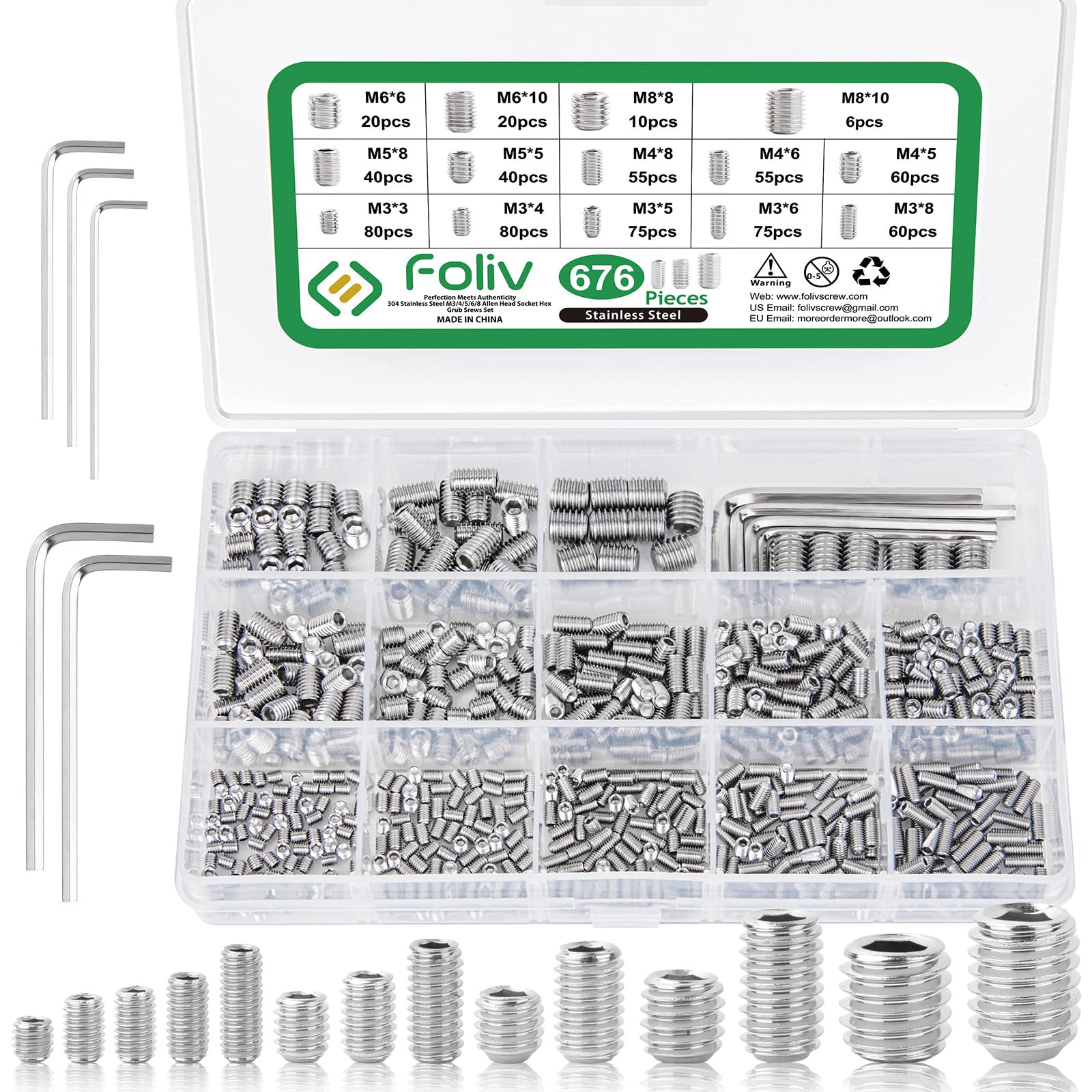 Foliv Set of 676 Grub Screws Assortment Set Stainless Steel M3 M4 M5 M6 M8 Grub Screws/Hexagon Socket Grub Screws DIN 913, Hexagonal Head Screws with Wrench for Door Handle, Door Handle