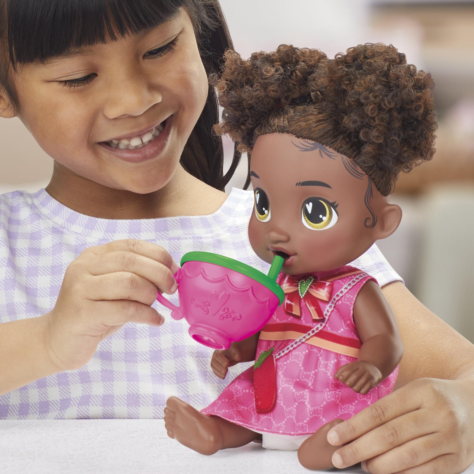 Baby Alive Bubbly Tea Party Berry Boo Doll with Teapot Accessories, Black Hair, 11 Inches, Kids Toys, Ages 3+