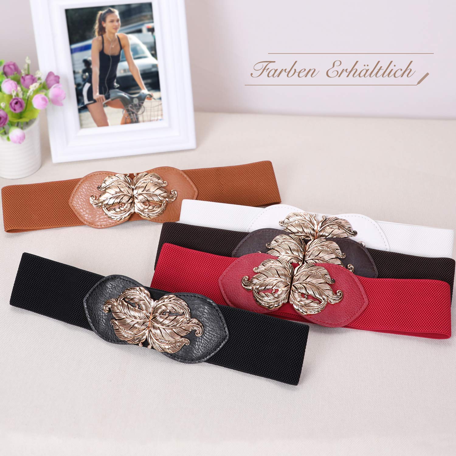 JasGood Damen Mode Breit Elastische Gürtel - Vintage Taillengürtel mit Gold Blatt Schnalle, Braun, Taille Größe 70cm-80cm