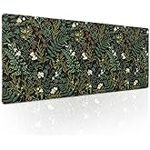 aportt Black Aesthetic Vintage Botanical Gaming Mouse Pad XL Cute Forest Green Plant Nature Floral Extended Large Big Mousepad Non-Slip Stitched Edge Long Mat for Desk Office Computer,31.5×11.8 in