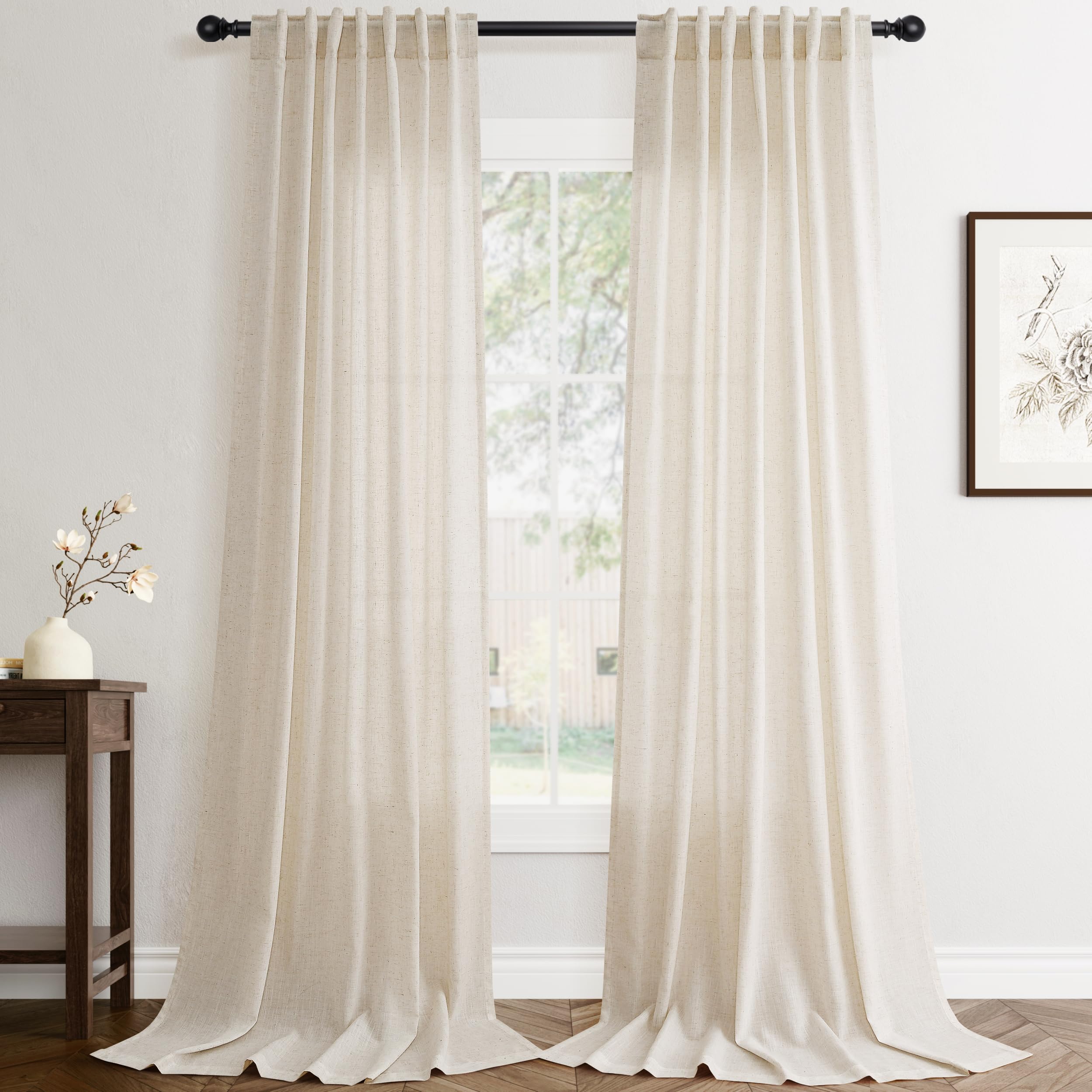 Jowels Flax Linen Beige Curtains 100 inches Long 2 Panel for Living Room Back Tab Pocket Drapes Semi Sheer Privacy Khaki Window Curtain Country Rustic Farmhouse Cloth Curtain for Dinning Room Tan