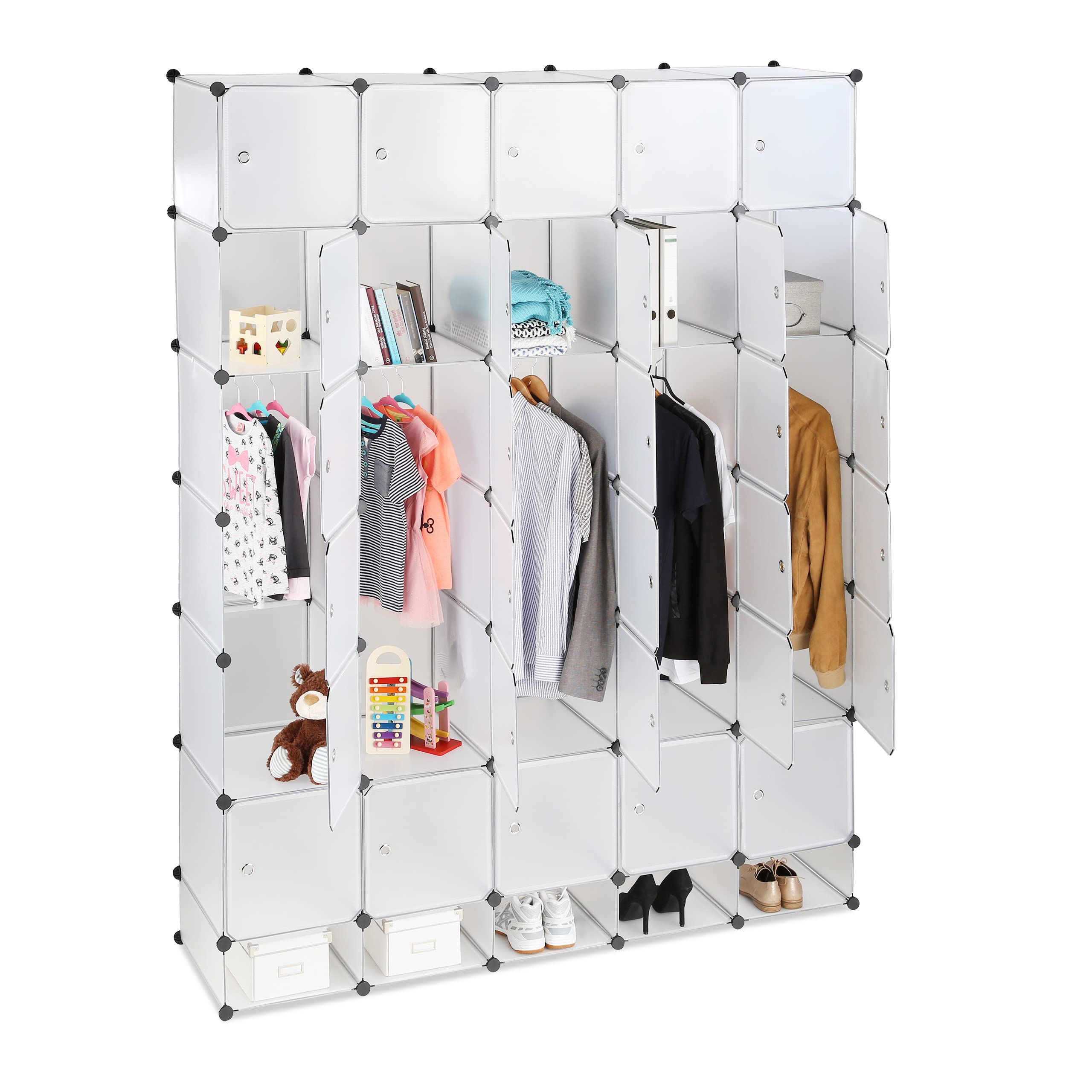 Relaxdays XXL Modular Wardrobe, 25 Compartments, Clothes Rails, Bedroom Dresser H x W 234 x 180 cm, Transparent