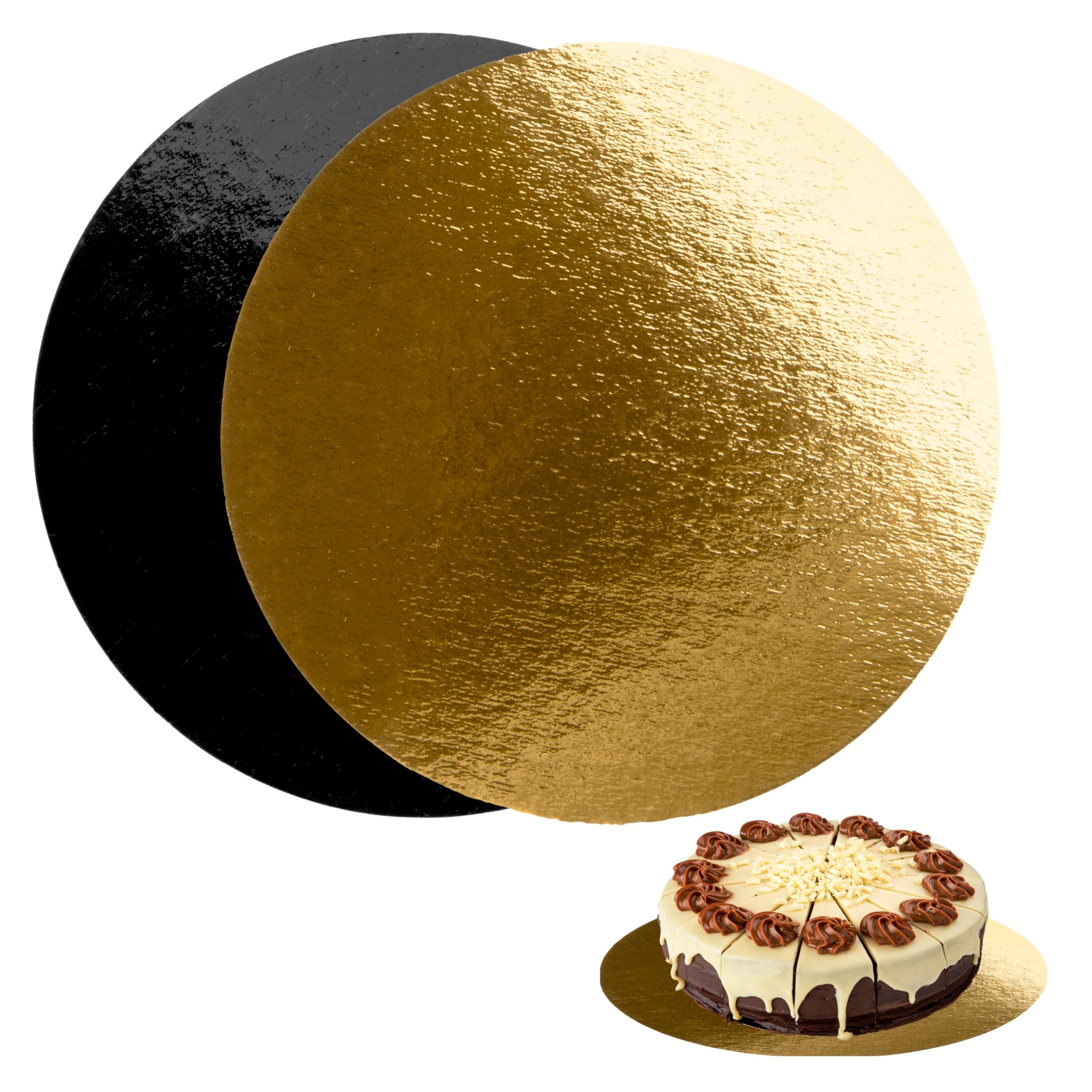 Cake Boards 12" (30cm) - Decorative Round Cardboard Pastry Base - 1 mm Thick - Double Sided Gold and Black - 10 Pack