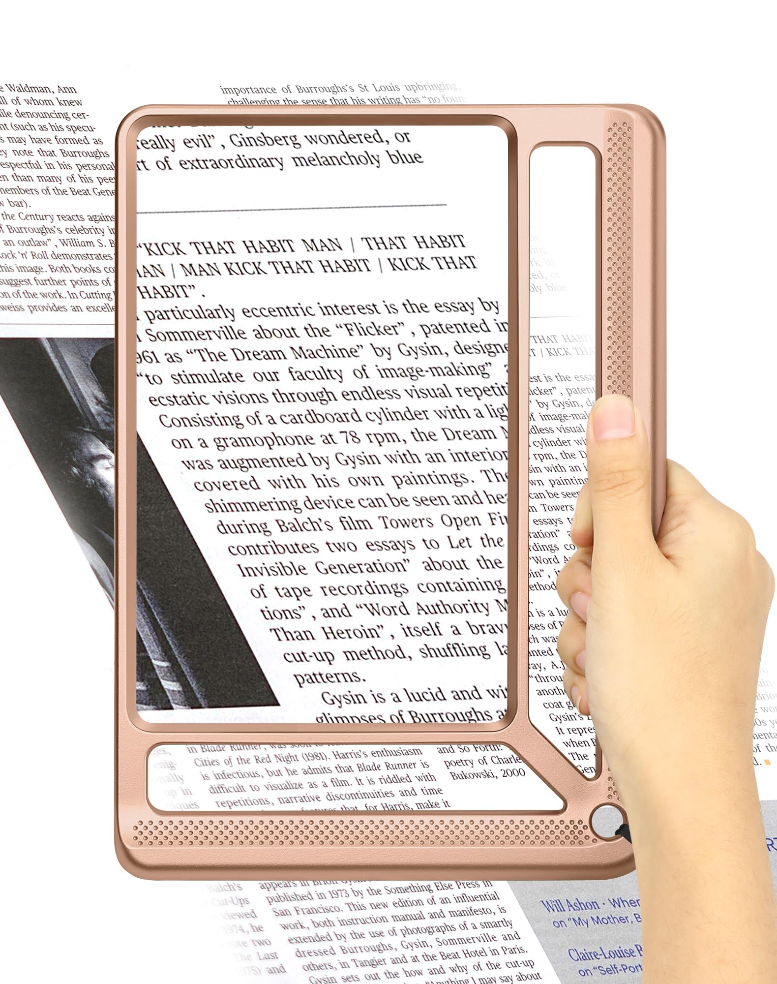 Tobegiga 5X Full Page Magnifying Glass for Reading, Lightweight Rectangular Magnifier with Large Book Page Viewing Area, Handheld Magnifier for Reading Small Prints for Seniors Low Vision, Rose Gold