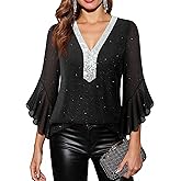 Timeson Women's Ruffle 3/4 Sleeve Sparkly Tops Sequin V Neck Blouses Dressy Fall Shirts