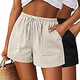 Riyiper 2 Pack Women's Linen Drawstring Elastic Waist Beach Casual Summer Wide Leg Shorts with Pockets 2026