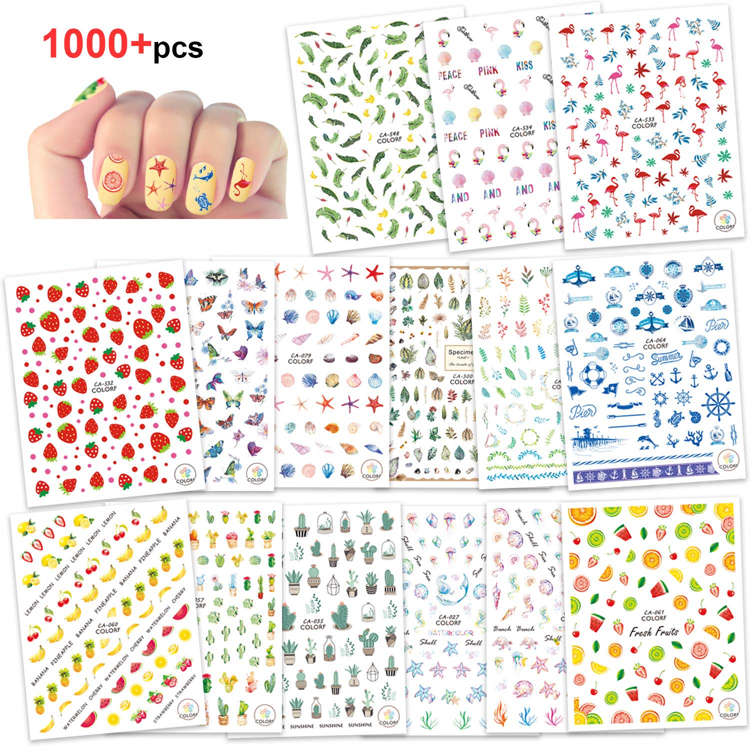 Konsait 1000+pcs Summer Nail Art Stickers Decals 3D Nail Sticker Wraps Manicure Flamingo Cactus Fruits Ocean Leaves Decals for Women Girls Kids Manicure DIY or Nail Salon