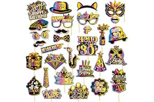 30PCS 30th Birthday Photo Booth Props - Funny & Glam 30th Party Selfie Decorations for Women Men, Neon Glow Party Signs, Hats