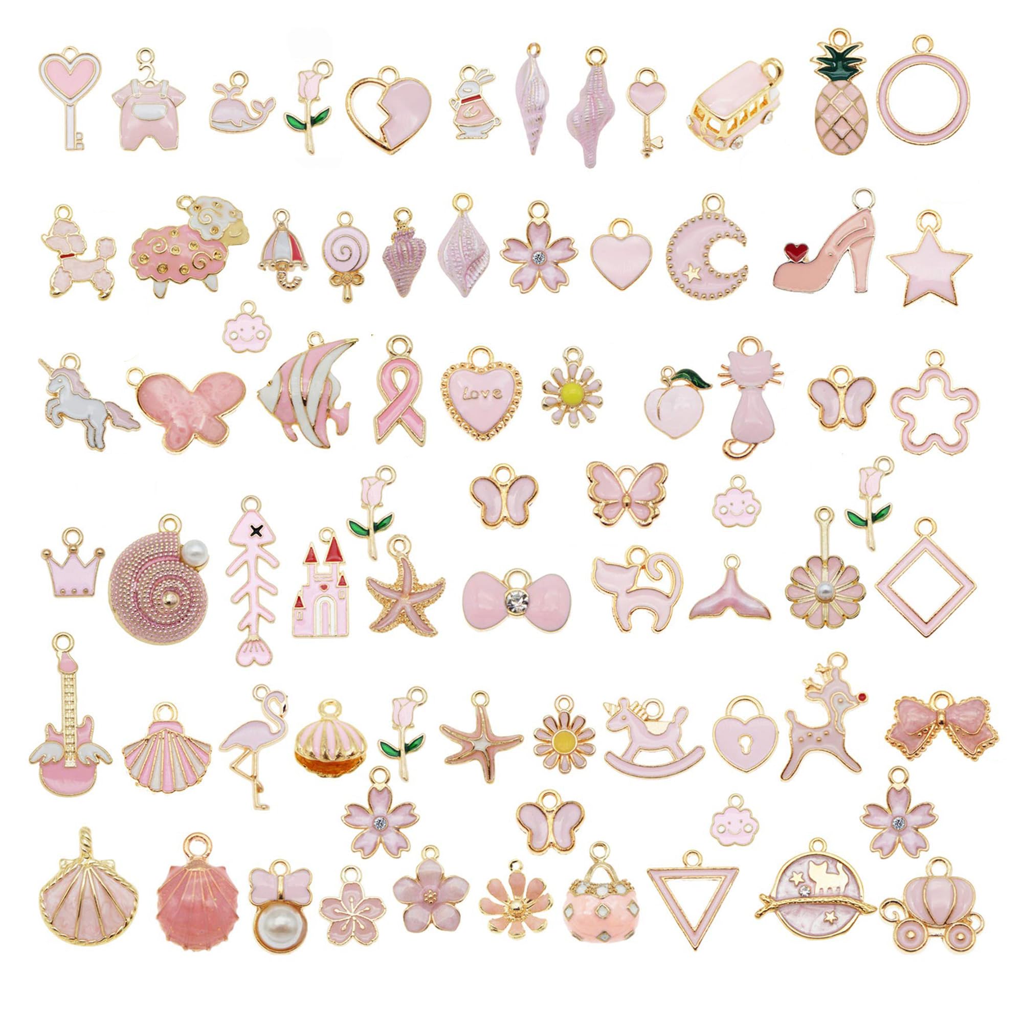 Julie Wang 20 Pieces Pink Enamel Paint Metal Charms Assorted Styles Handmade Earrings Bracelets Necklaces Pendants Findings DIY Arts Projects Jewellery Making Crafts 2-3cm