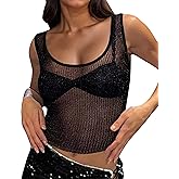 AIHUKOCY Women Sexy Fishnet Knit Glittering Scoop Neck Crop Tank Going Out Top Sheer Mesh Solid Slim Cropped Vest Cami Tops