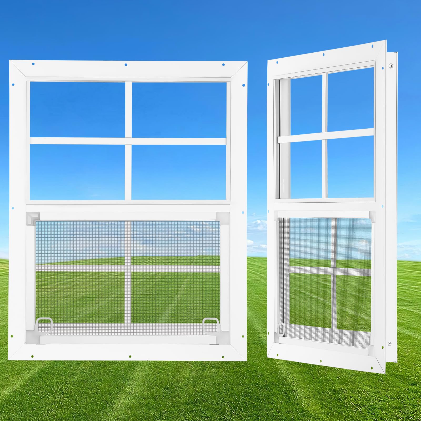 Photo 1 of 18”×23” Shed Window 2 Pack, Flush Mount Window with Clear Tempered Glass, Household Metal Sliding Window, Small Window for Shed Replacement Barn Garage Basement Greenhouse Poultry Pet Cabin Treehouse