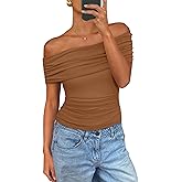 PRETTYGARDEN Women's Off The Shoulder Short Sleeve Ruched Slim Fit Blouse