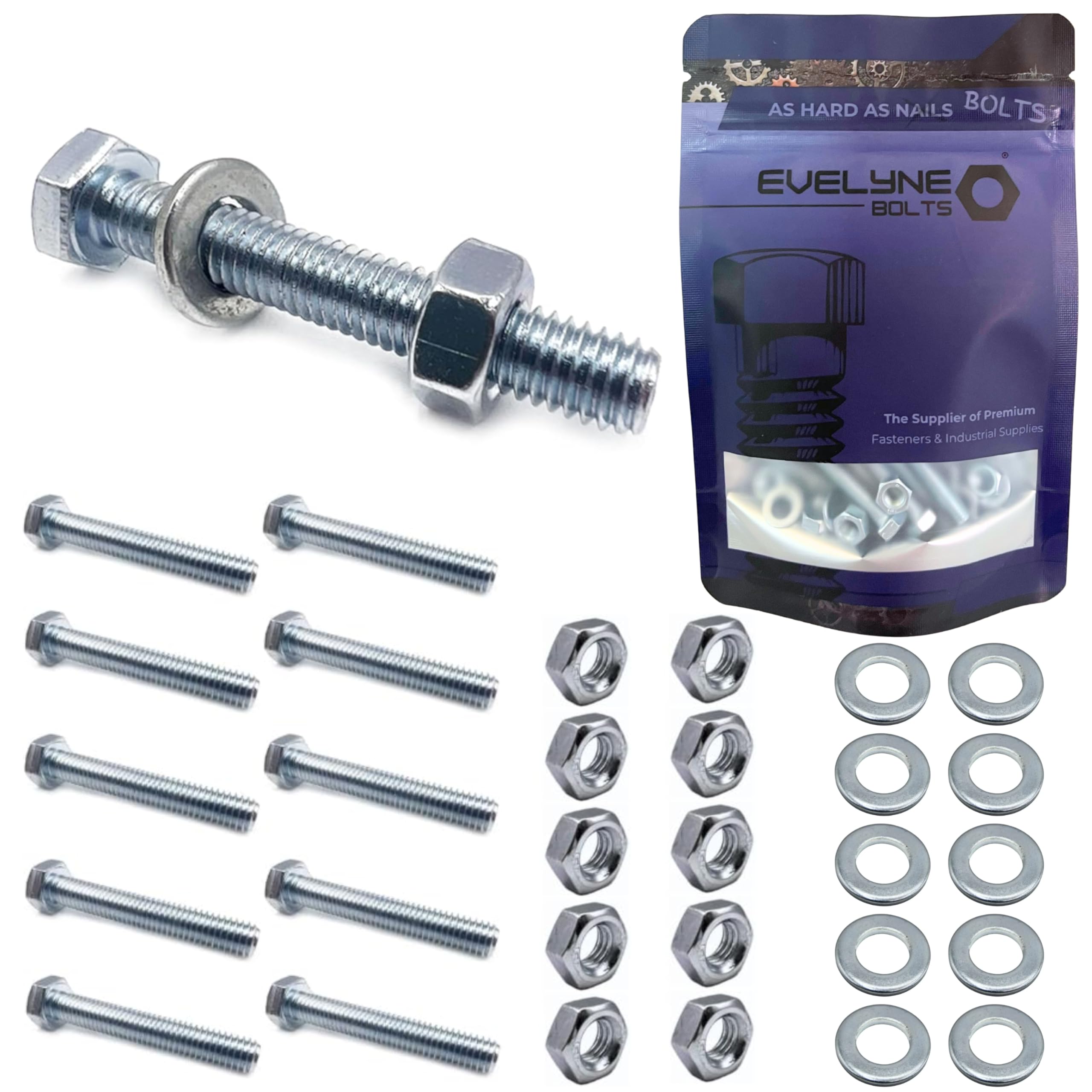 M10 Nut, Bolt & Form A Washer Set. 10 pack – M10x50 Bolts, 10mm Nuts & 10mm Form A Washers