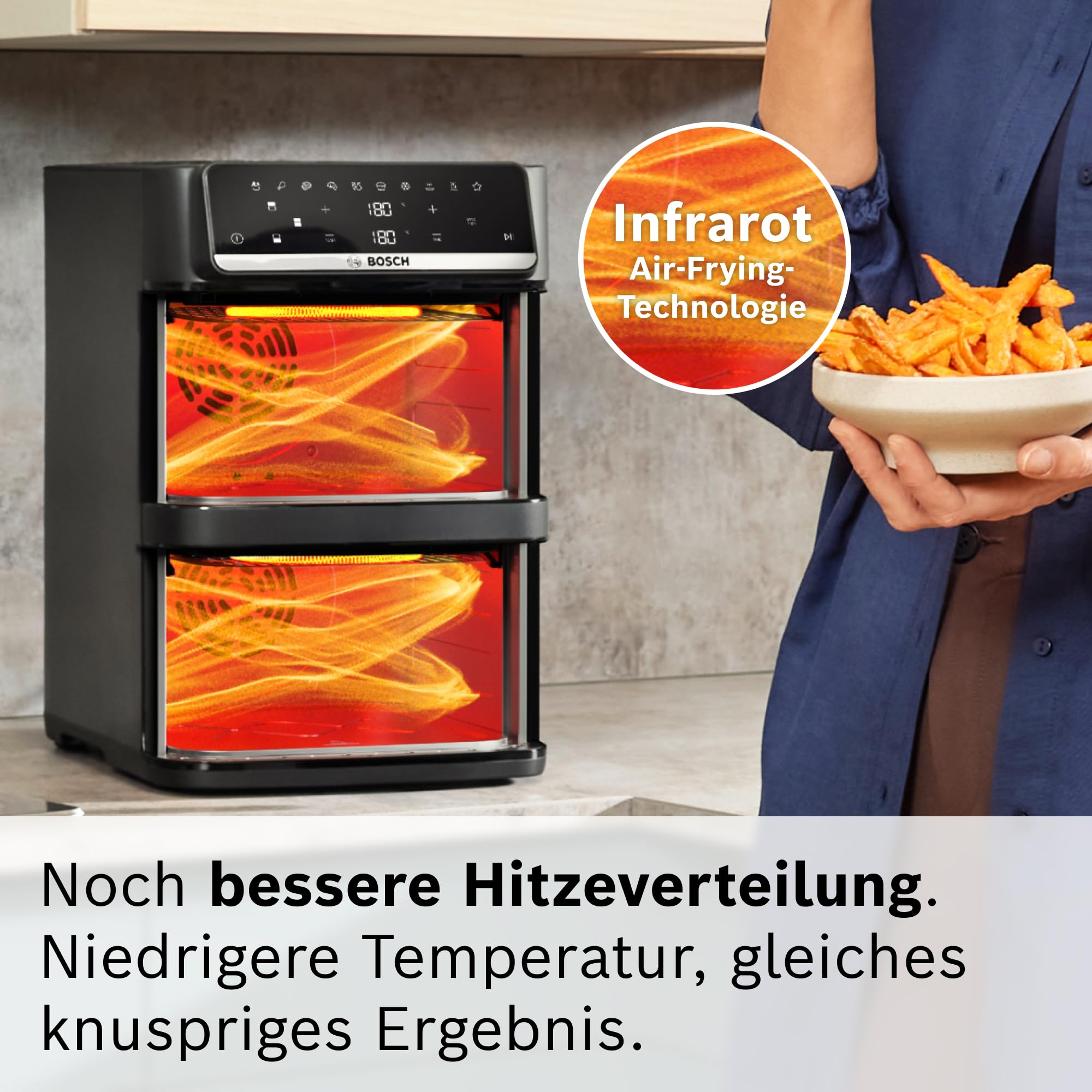 Bosch XXL Heißluftfritteuse, 12,0L Doppelkammer, platzsparend, 6 Programme, PFAS frei, schwarz, AirFryer Serie 6, MAFD661B0 4