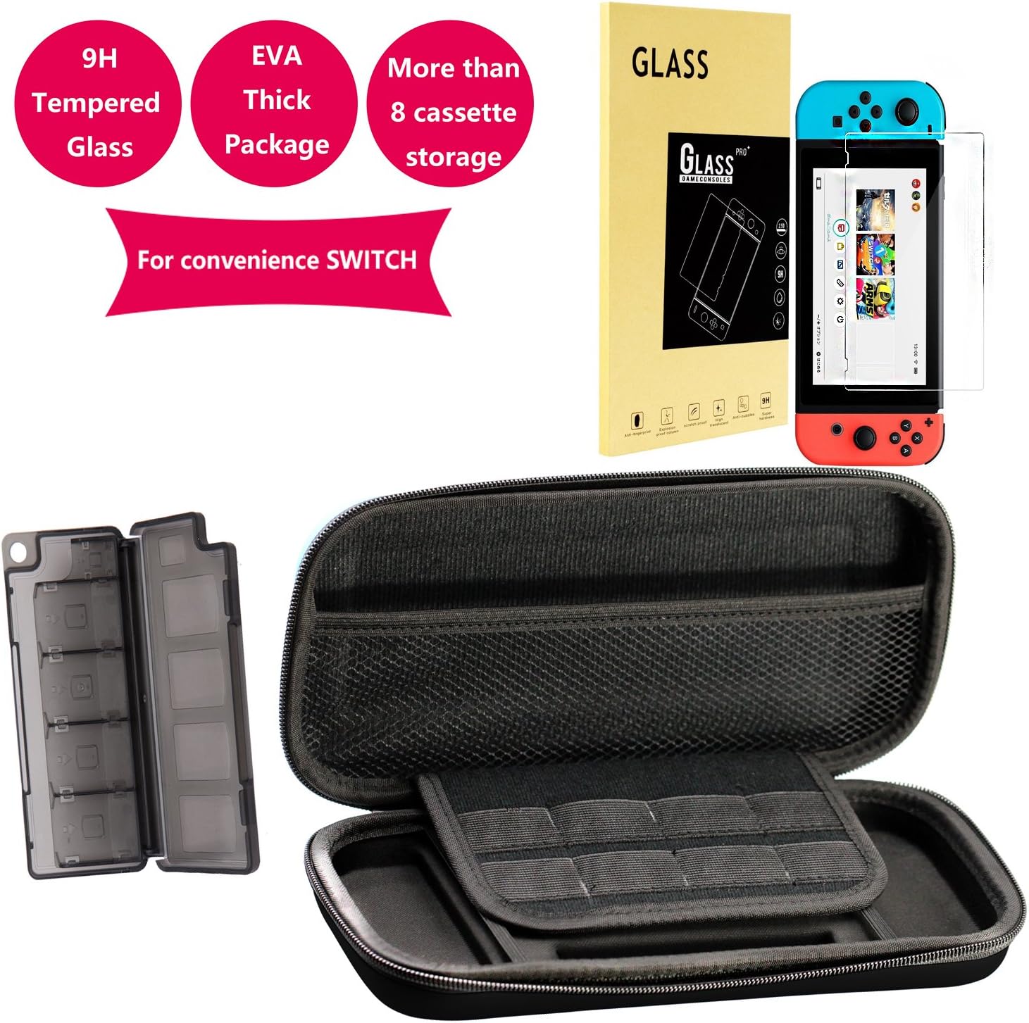 KUNLING Carry Case Compatible With Nintendo Switch and Tempered Glass Screen Protector for Nintendo Switch and Game Card Case 8.-Red/Black (black（•Tempered Glass+Carry Case+card case）)