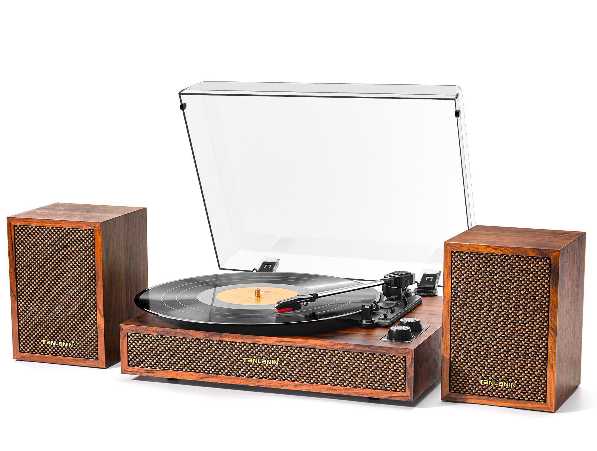 Vinyl Record Player with External Speakers, 3 Speed Vintage Stereo Turntable for Vinyl Records, Bluetooth Input, Auto Stop & Belt Driven System, RCA Out and Aux in - Brown