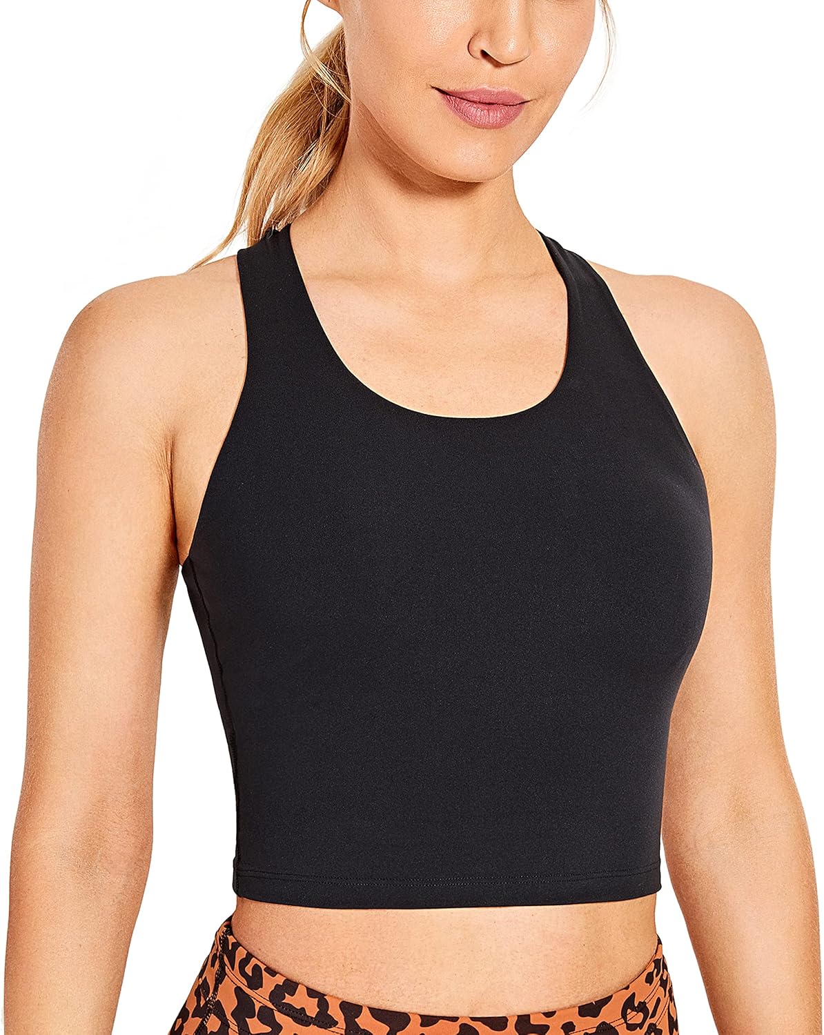 CRZ YOGA Women's Longline Cropped Sports Bra High Neck Cami Tank Tops