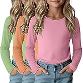 LessonZoo 3 Pack Girls Long Sleeve Shirts Casual Crewneck T-Shirts Soft Layering Basic Tees Undershirts Fall Tops