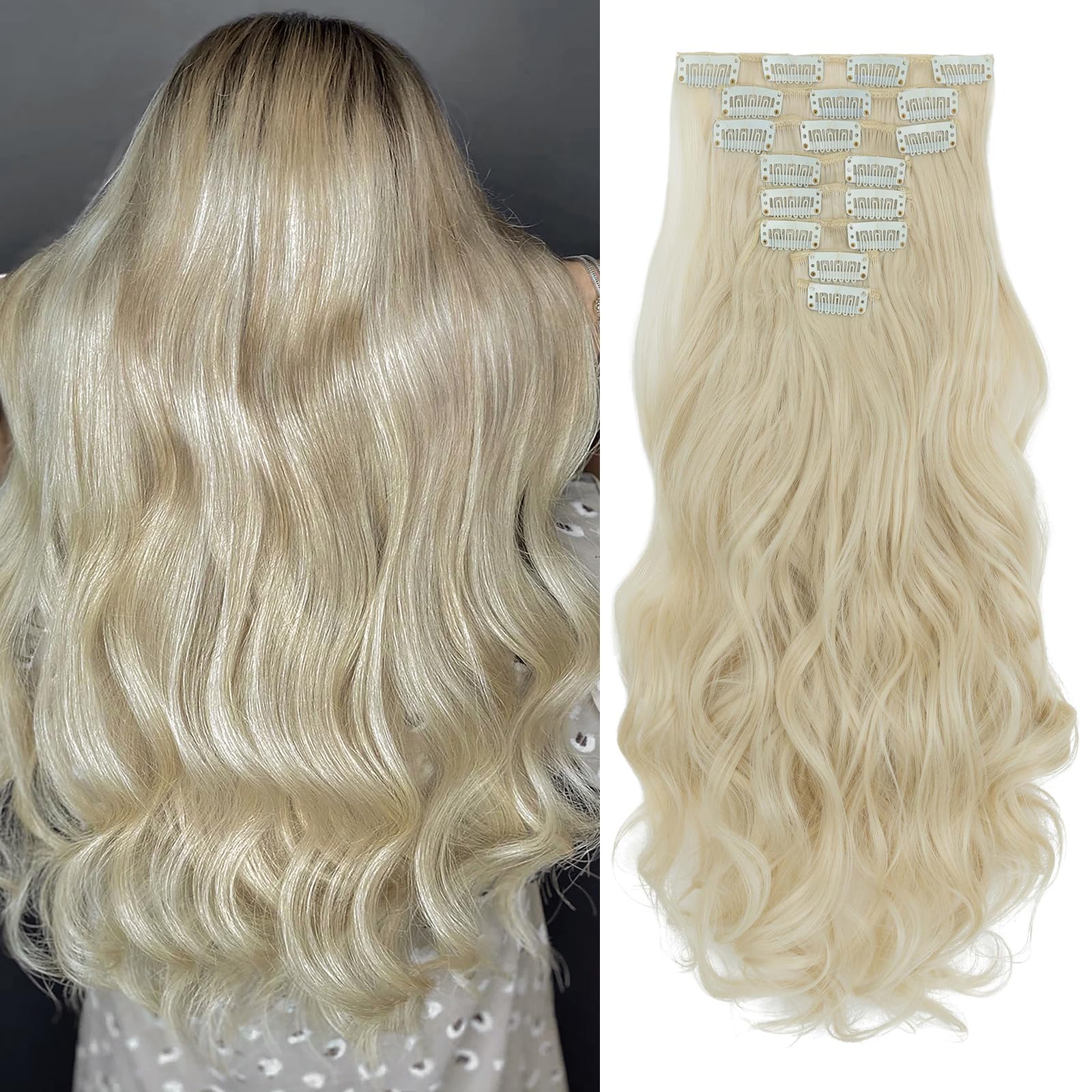 SEGOHAIR Hair Extensions Clip in 8Pcs 18 Clips Synthetic Fiber Seamless 17" Long Curl Full Head - Bleach Blonde — image 1