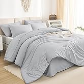 Litanika Queen Comforter Set Light Grey - 7 Pieces Bed in a Bag Queen Bedding Comforter Sets, Solid Lightweight Bed Set with Comforter, Sheets, Pillowcases & Shams