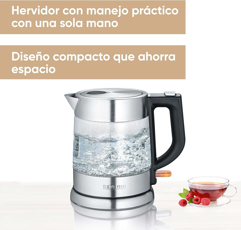 Chaleira de vidro SEVERIN, Jarro de ebulição de água de conexão sem fio, potente e compacto, chaleira elétrica com filtro anticalcário, aço inoxidável/preto, WK 3468