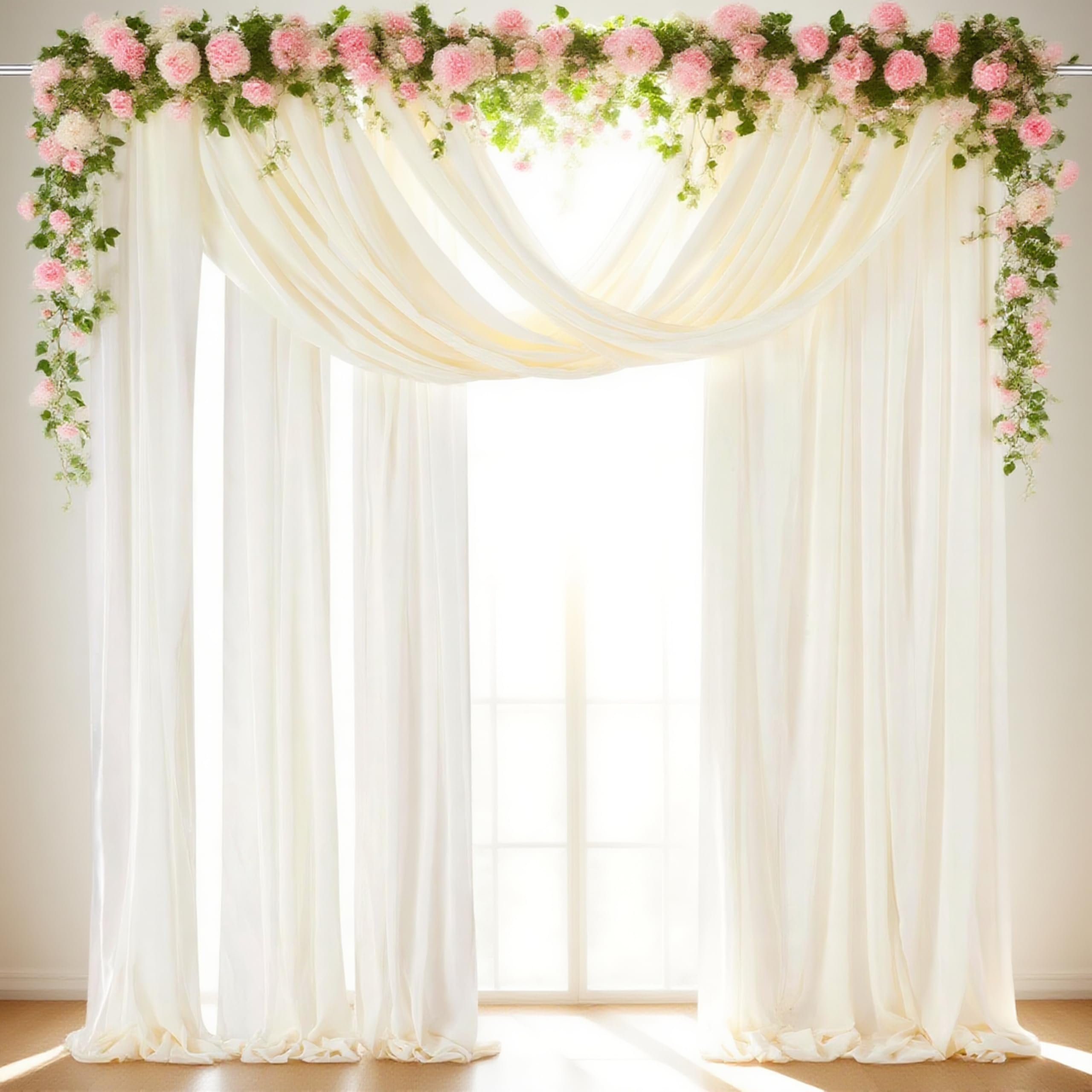 Wedding Arch Fabric Drape Beige 3 Panels 6 Yards Sheer Backdrop Curtain Chiffon Fabric for Party Ceremony Stage Reception Decorations Image