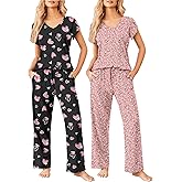 Ekouaer 2 Pack Womens Pajamas Short Sleeve Sleepwear Top with Pants Super-Soft Printed Lounge Sets S-XXL