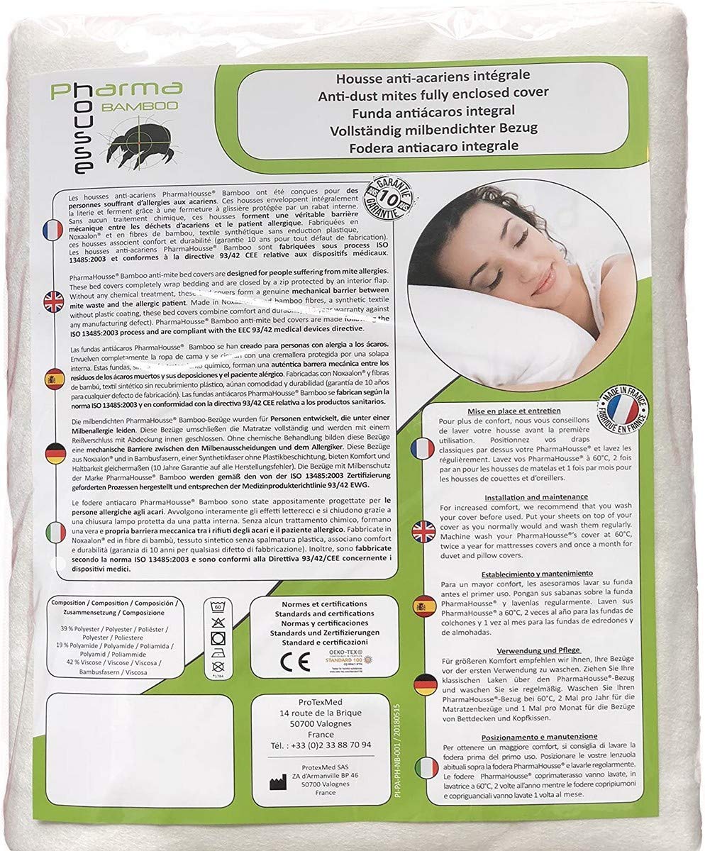 Pharma-Housse Anti-Dust Mite Fully Enclosed Bamboo Cover for Pillow, 65cm x 65cm, 160 g