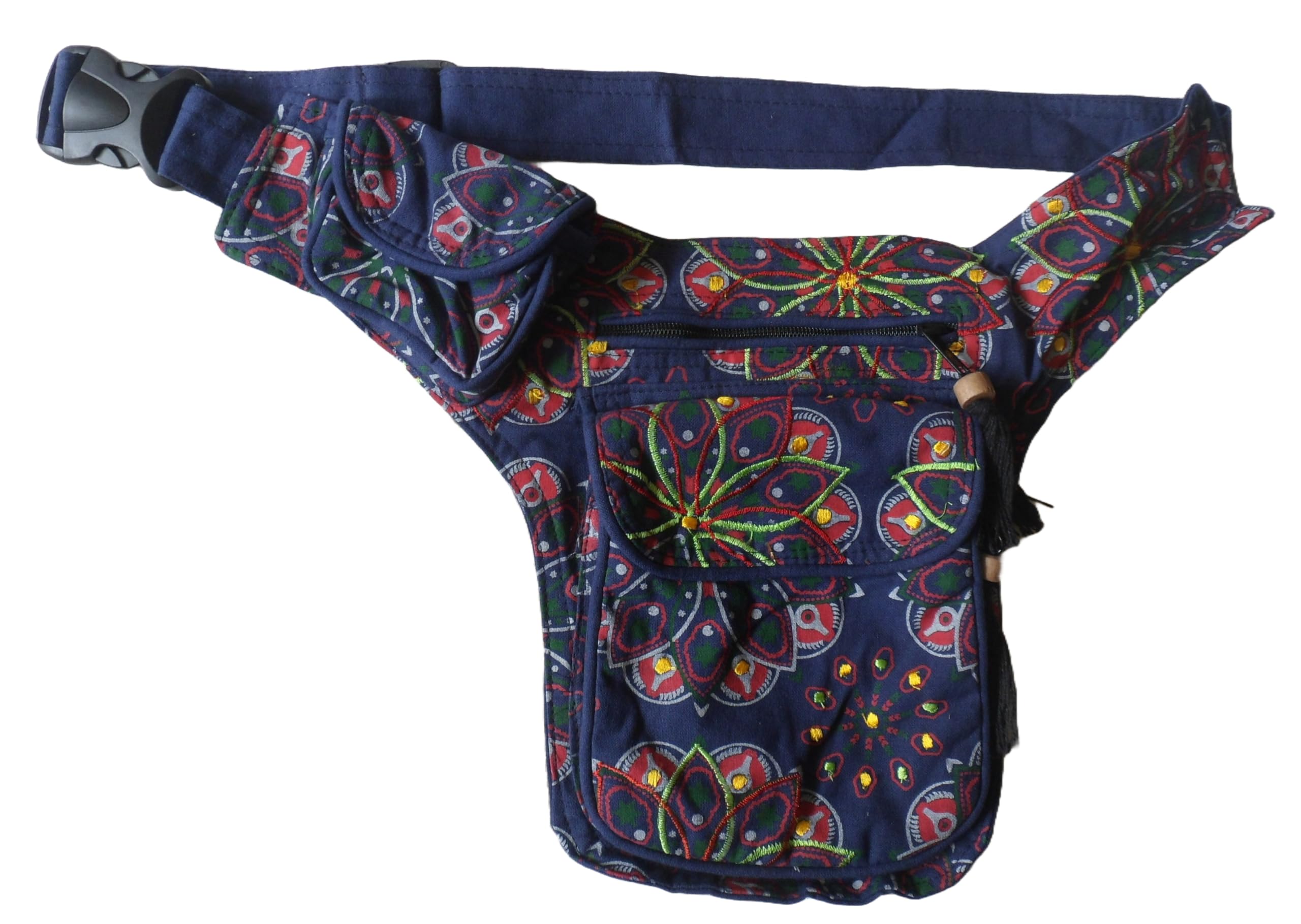 FAIR Trade Festival Boho Embroidered Cotton Travel Passport Bag Utility Hip Belt (Navy Blue)