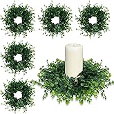 Mini Green Boxwood Candle Rings Wreaths Spring Summer Kitchen Cabinet Swags Wreath 3 Inch Wedding Rings Wreaths Pillar Candle Holder for Wedding Home Door Tabletop Decor (6, Green Boxwood)