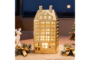 DN DECONATION Christmas Village House Decorations, Light Up Ceramic House Decor, Gold Christmas Town Building Figurines with Lights, Winter Decor for Table Centerpiece Xmas Gifts