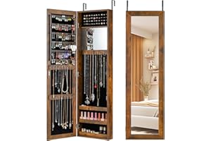 COSTWAY Full Length Mirror Jewelry Cabinet, Wall Door Mounted Jewelry Armoire with Makeup Mirror, Ring Slots and Necklace Hoo