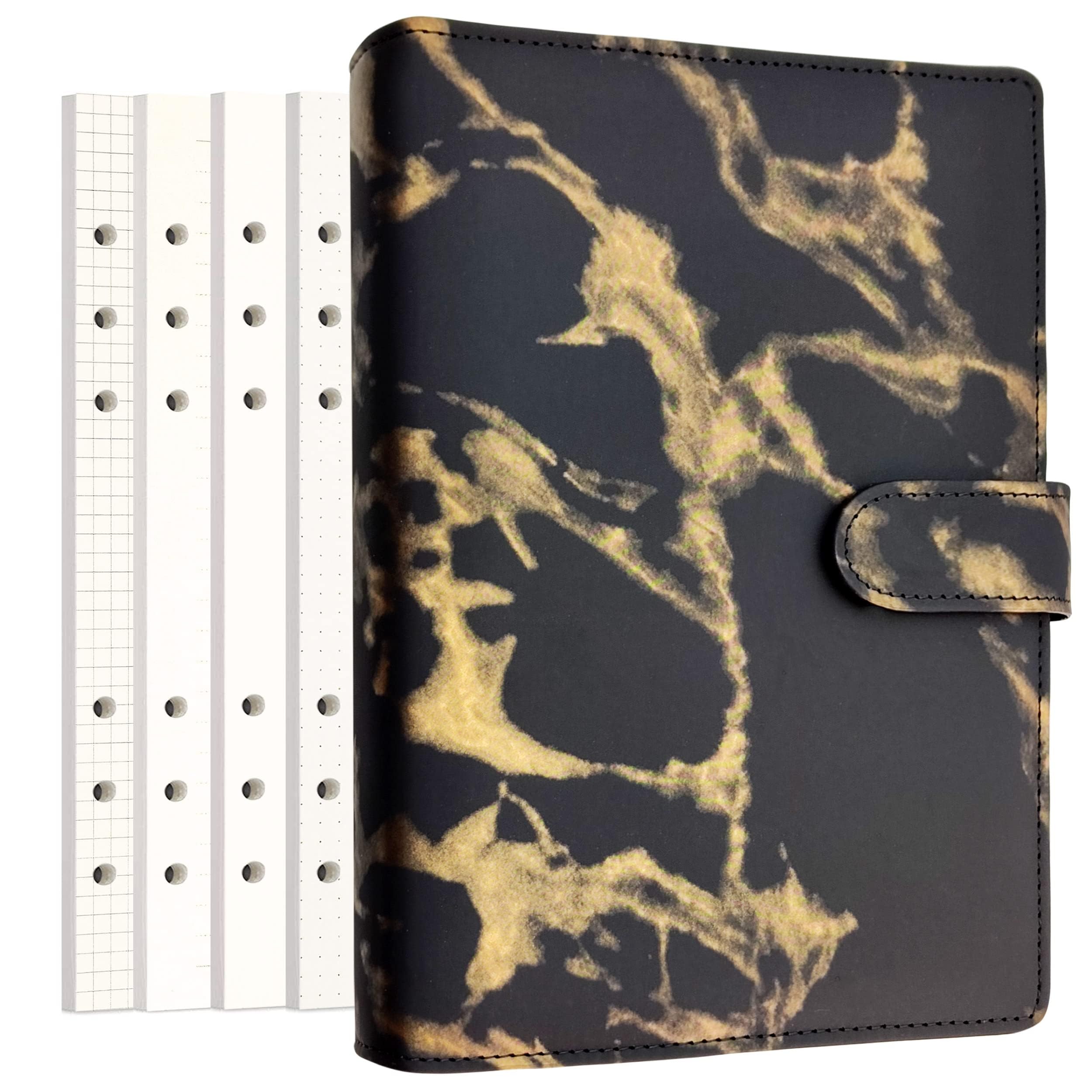 Zelten PU Leather Personal Notebook Planner with 80 Pages Loose-Leaf Papers 6 Holes Ring Binder Pen Holder Magnetic Buckle (Black Marble,A5 Mini)
