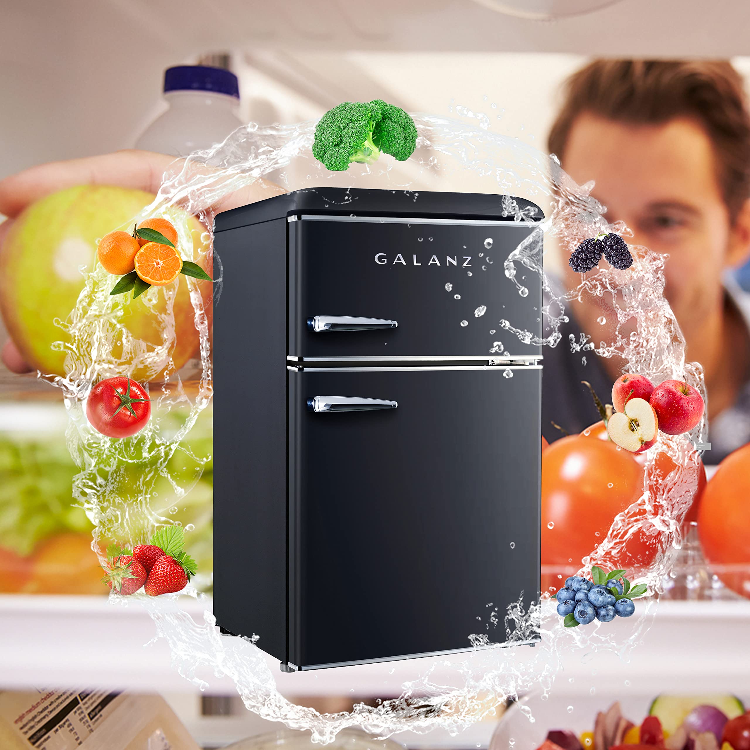 Galanz Retro Compact Mini Fridge with Freezer, 2-Door, Energy Efficient, Small Refrigerator for Dorm, Office, Bedroom, 3.1 cu ft, Black
