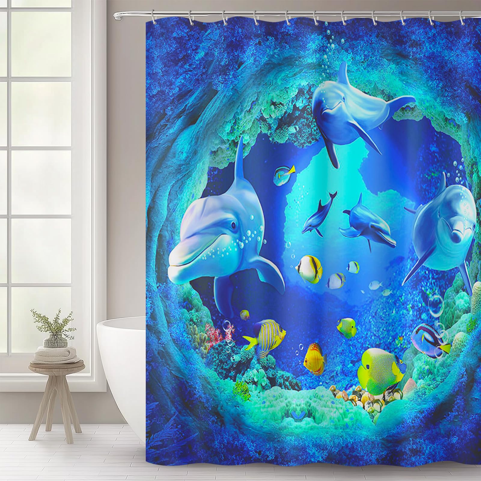 WOWTOY Shower Curtain with 12 Hooks, Waterproof Polyester Fabric Bathroom Bathtub Shower Curtain Liner, Weighted Hem, Washable, Quick Dry (180 x 200cm, Ocean 05)