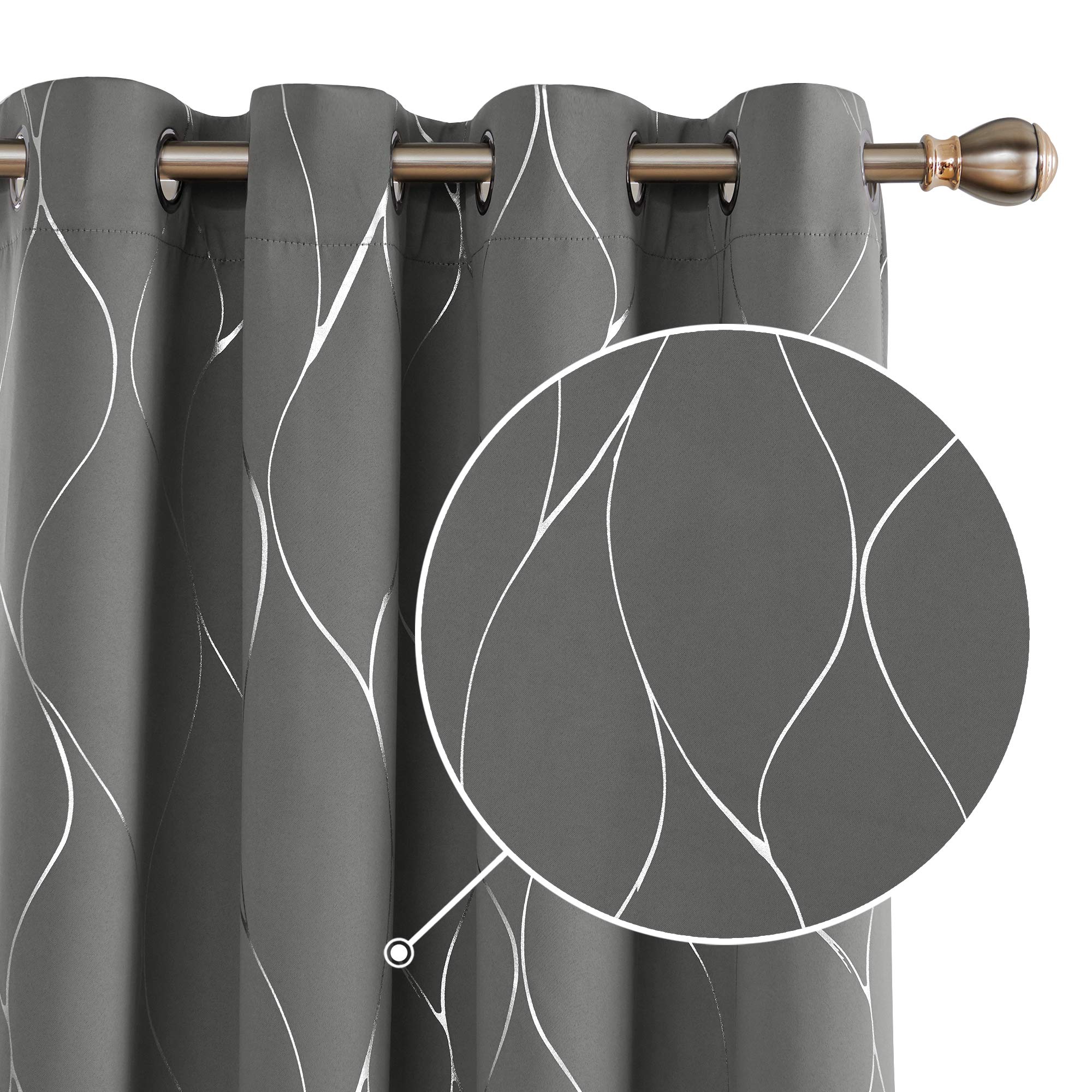 Deconovo Thermal Insulated Curtains Blackout Curtains Silver Wave Line Foil Printed Eyelet Curtains for Bedroom Light Grey W55 x L95 One Pair โ image 1