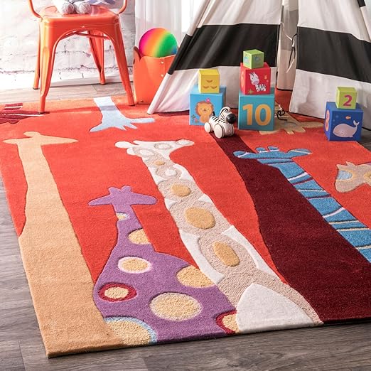 Amazon Com Nuloom Colorful Giraffes Nursery Kids Rug 5 X 7 Red Furniture Decor