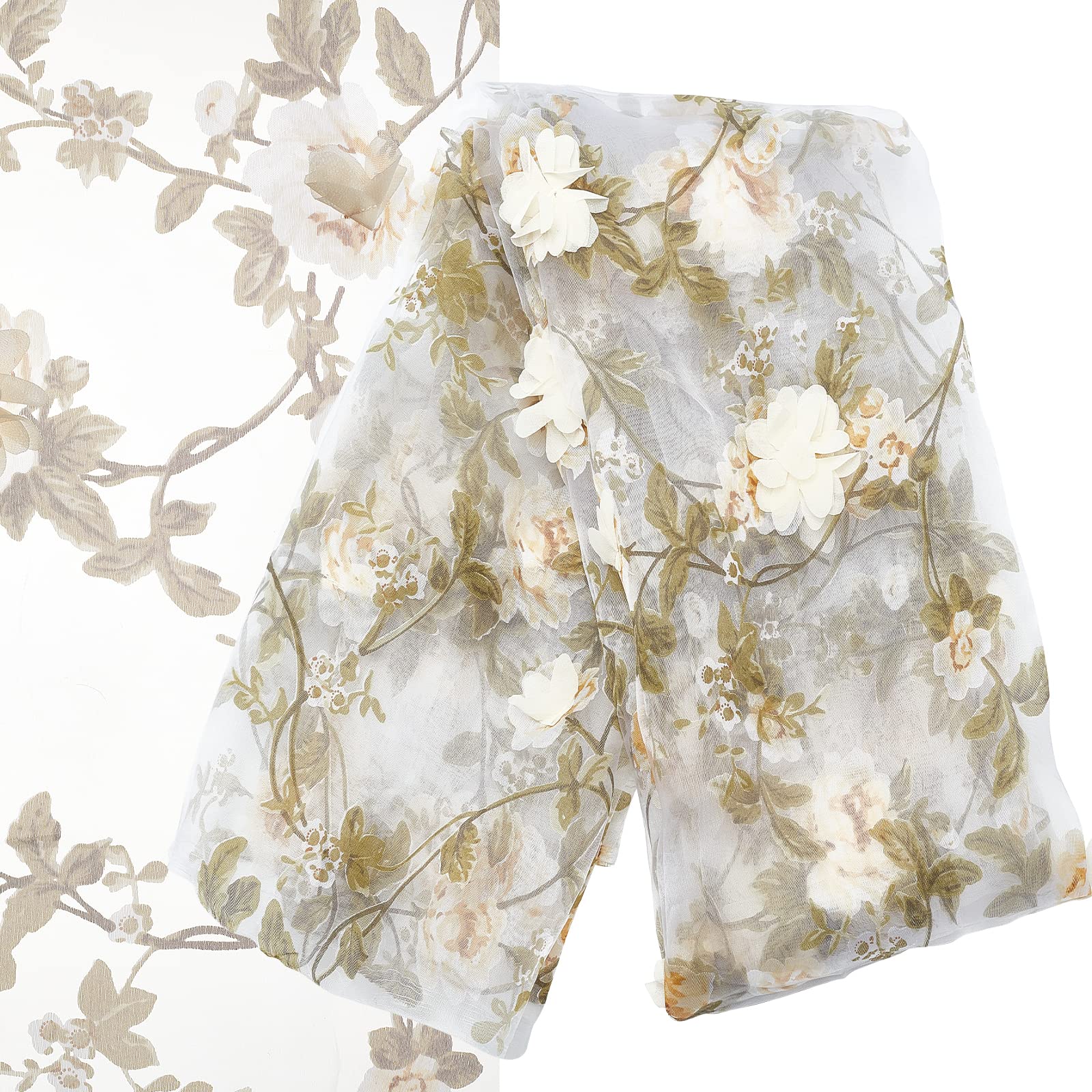 GORGECRAFT 55Inch Embroidered Flower Fabric 3D Organza Yellow Floral Chiffon Rose Leaves Vintage Lace Fabric Embroidery Applique Ribbons for Sewing Wedding Bridal Cloth DIY Crafts Supplies — image 1