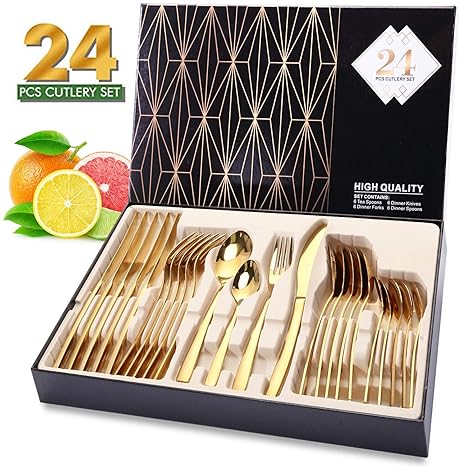 Elegant Life Besteckset Golden für 6 Personen aus Edelstahl, Tafelbesteck Set 24-teilig, nickelfrei, rostfrei, handpoliert, M