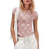 ReachMe Short Sleeve Mesh Top Women Sheer Lace Tops Cap Sleeve See Through Tops Summer Sexy Fitted Slim Fit Shirts