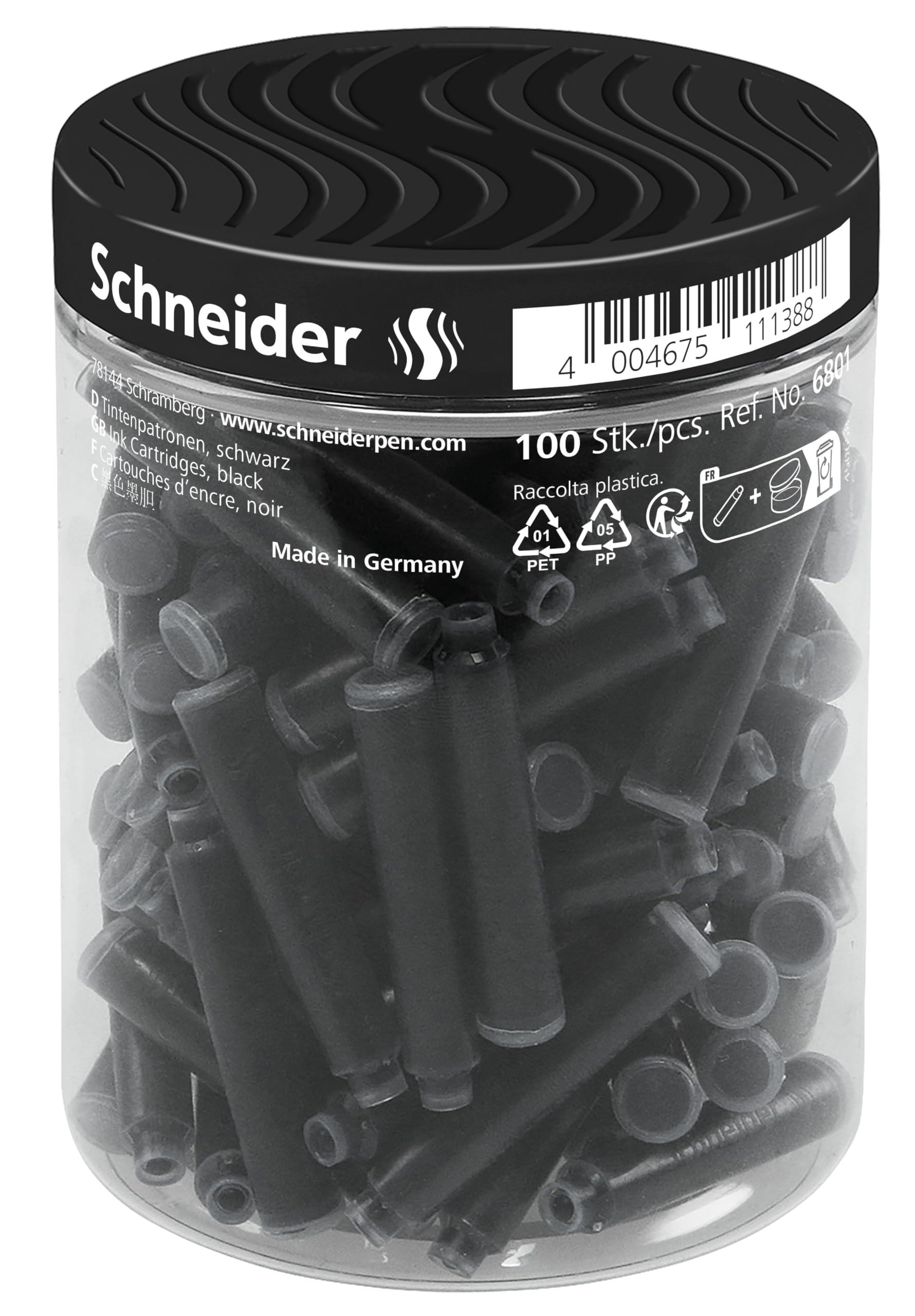 Schneider 6801 Tintenpatronen (Standard Patronen für Füller, nicht löschbar) schwarz, 100 Stück