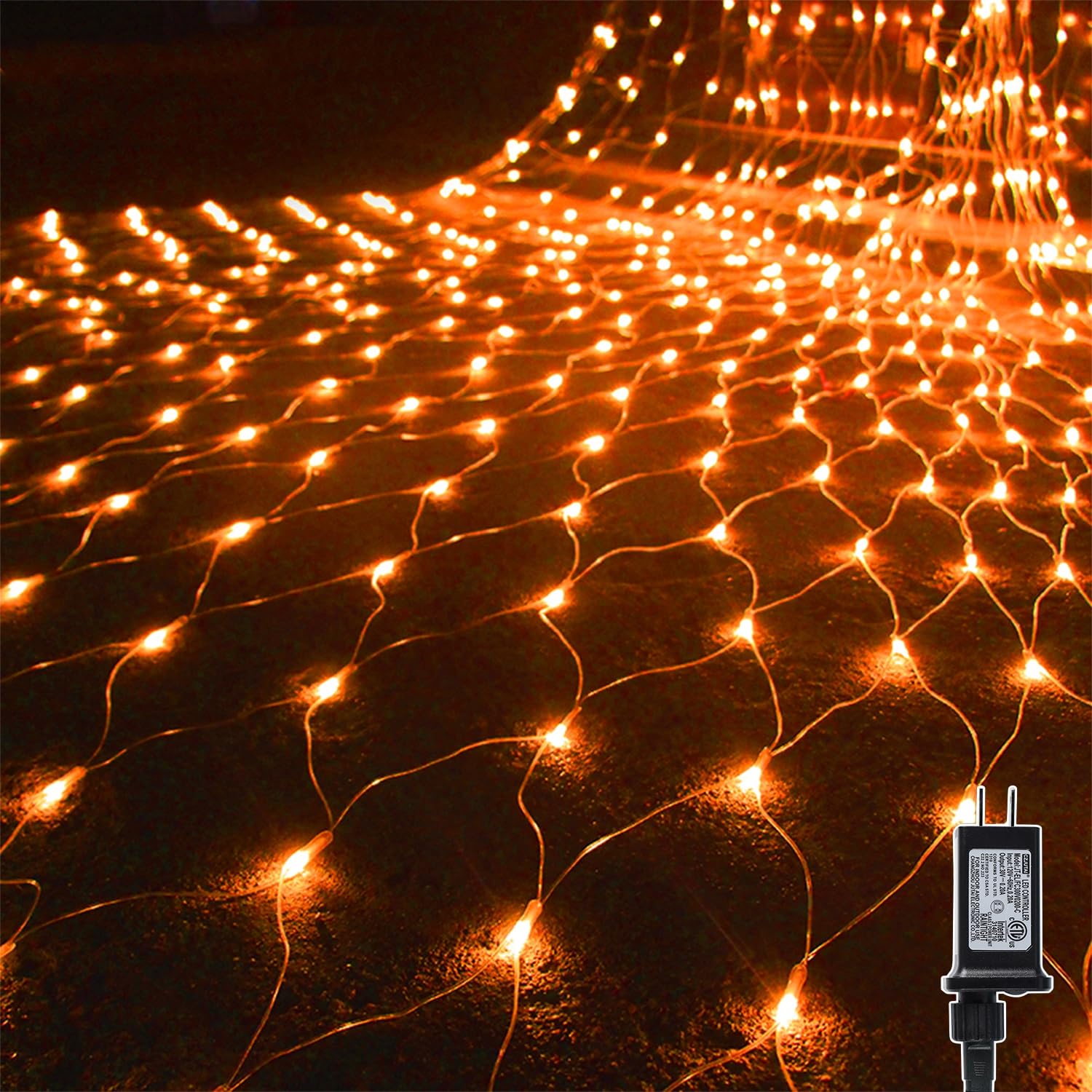 Photo 1 of WATERGLIDE Outdoor Halloween Net Lights, 12FT x 5FT 360 LED Fairy String Light with 8 Lighting Modes, Connectable Light Safe Adaptor for Garden Tree, Bushes, Holiday Wedding Party Decorations, Orange